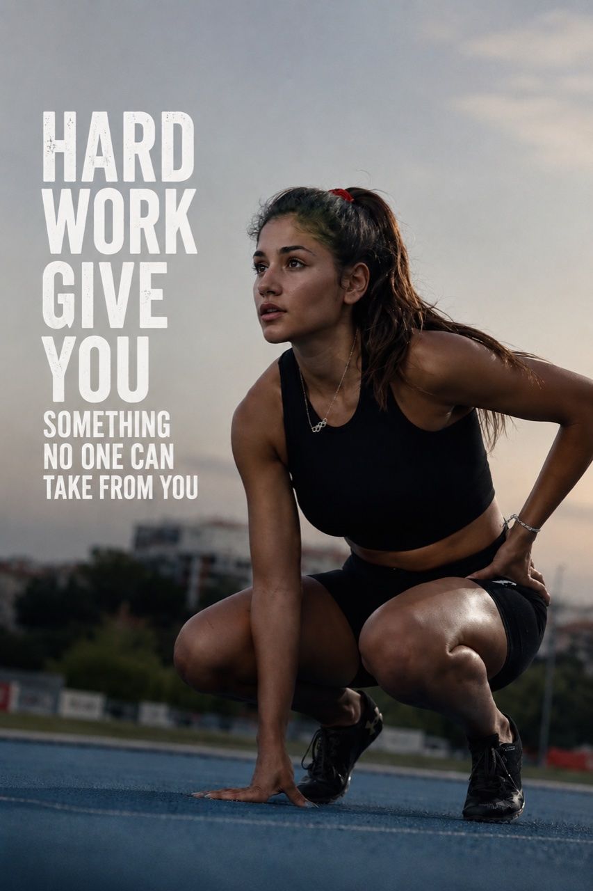 Alev Derin in sprint start position, motivational poster